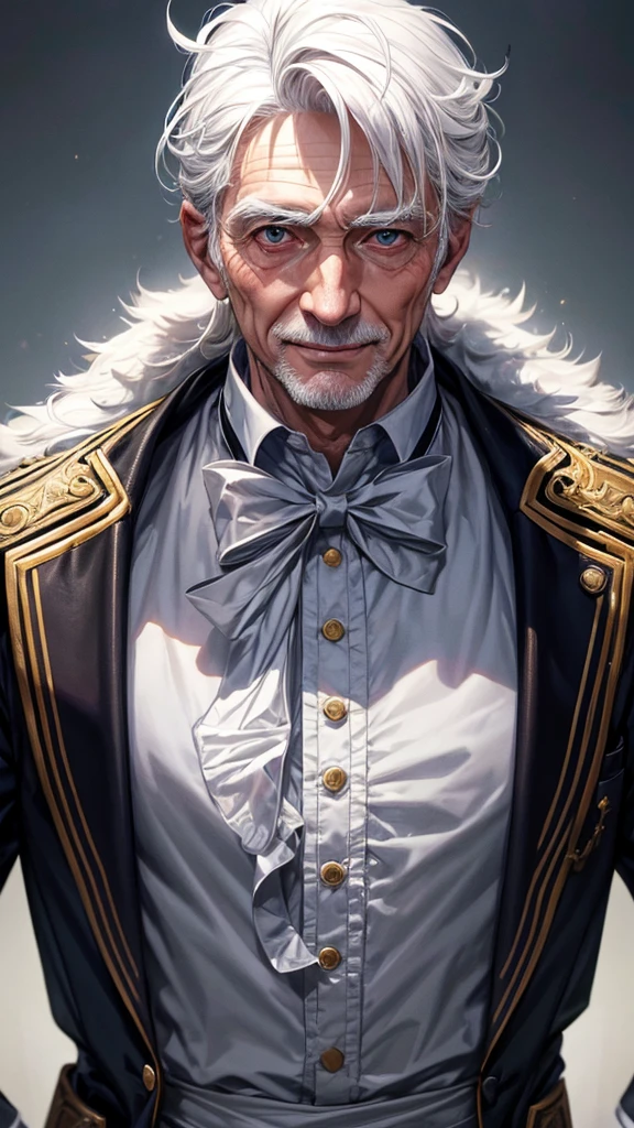 masterpiece, best quality, high resolution, closeup portrait, a male, white hair, Servant uniform, amazing composition, front view, HDR, ultra quality, elegant, highly detailed, old man, handsome grandpa, smile