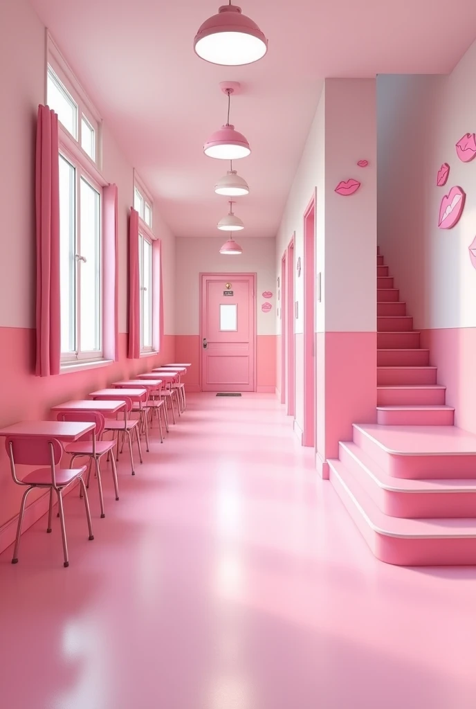 (photorealism:1.2)
Inside an empty pink and white classic school hallway second floor of a pink classic school, Along the hallway there are some classic school pink open doors of the different classes rooms in which there are pink school desks,
At the right hand side of the hallway there's a pink school stairway that
open door that leads to the school first floor, there are many drawings of 💋 can be seen on the walls,
View: Over the shoulder perspective photo,
high resolution, masterpiece, best quality, intricate details, highly detailed, Hiperrealistic