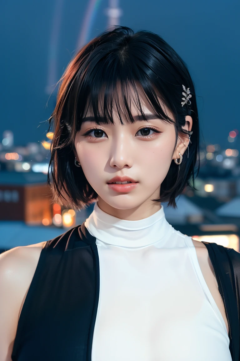 ((Rooftop of a building: 1,3)), ((Goth_punk, alone, Medium Shot, Walking the rooftops of Harajuku, ((night)), Blurry, Neon Light, Rainbow Eyes, Starry Sky, Shiny black hair, White eyebrows, Shiny Hair, (Rainbow black hair), Earring, good, jewelry, Blunt bangs, Busy eyes, Background Blurry, Blurry, hair ornaments, sight, short hair, Portraiture, Side Lock break ((Swedish girl, White skin, White)),((Women's work suits:1.3)), break (Gal: 1. 1),(Glamour: 1. 3),(night),(Supermodel: 1.3)),break ((earring, ring)), Cowboy Shot,((Tall people)),((Android)),((Look Up)),((Top Angle:1. 3)), From above, looking at the camera,((Event Companion)),((Thin see -through)) Tight-fitting underwear with straps))、Hip、Butt、bend、