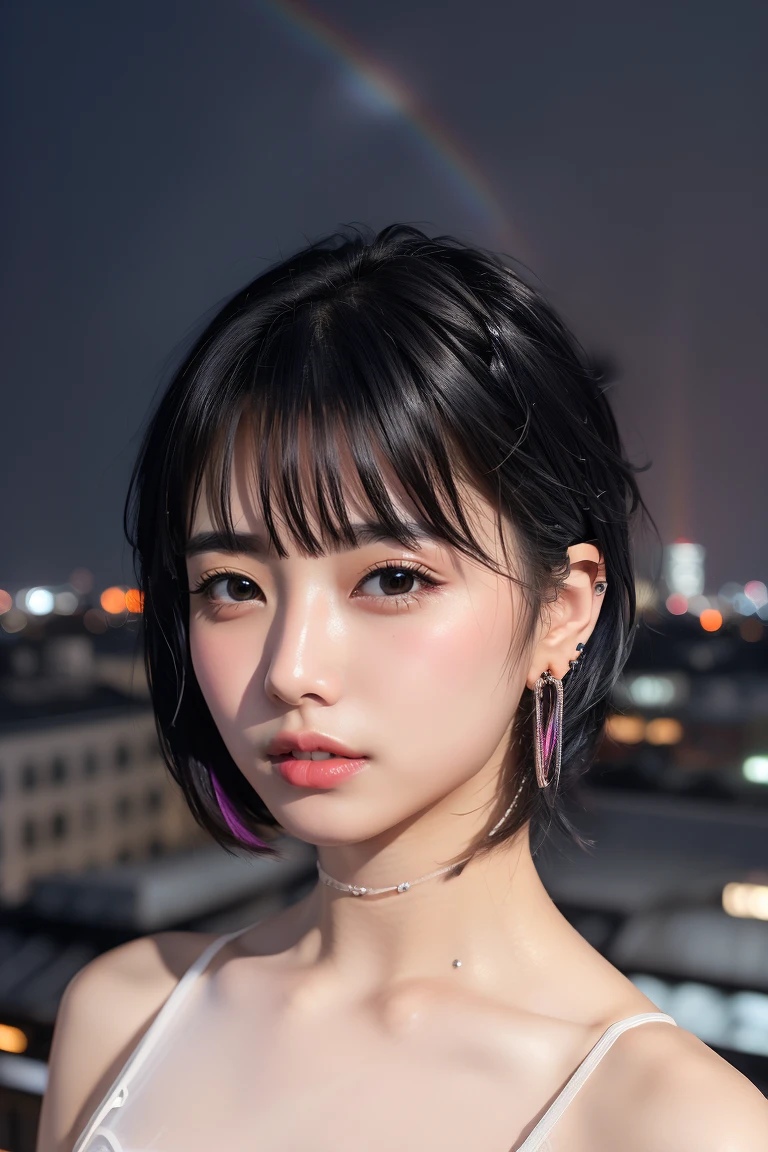((Rooftop of a building: 1,3)), ((Goth_punk, alone, Medium Shot, Walking the rooftops of Harajuku, ((night)), Blurry, Neon Light, Rainbow Eyes, Starry Sky, Shiny black hair, White eyebrows, Shiny Hair, (Rainbow black hair), Earring, good, jewelry, Blunt bangs, Busy eyes, Background Blurry, Blurry, hair ornaments, sight, short hair, Portraiture, Side Lock break ((Swedish girl, White skin, White)),((Women&#39;s work suits:1.3)), break (Gal: 1. 1),(Glamour: 1. 3),(night),(Supermodel: 1.3)),break ((earring, ring)), Cowboy Shot,((Tall people)),((Android)),((Look Up)),((Top Angle:1. 3)), From above, looking at the camera,((Event Companion)),((Thin see -through)) Tight-fitting underwear with straps))、Hip、Butt、bend、