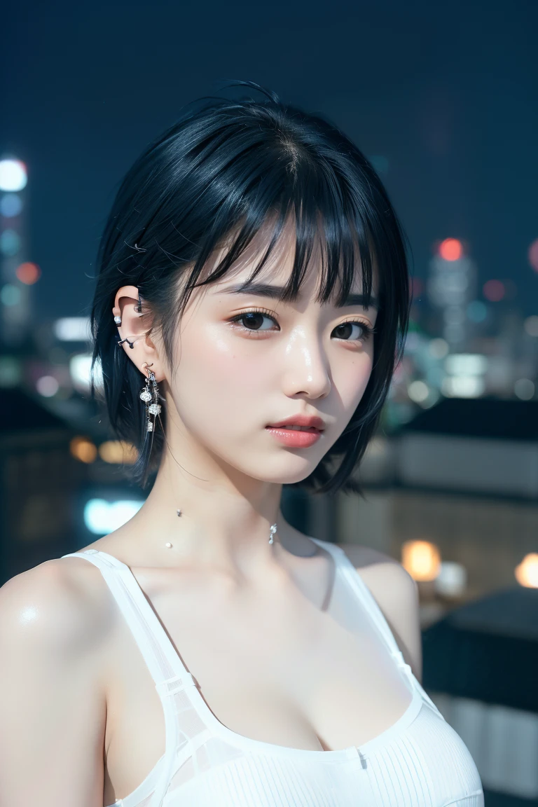 ((Rooftop of a building: 1,3)), ((Goth_punk, alone, Medium Shot, Walking the rooftops of Harajuku, ((night)), Blurry, Neon Light, Rainbow Eyes, Starry Sky, Shiny black hair, White eyebrows, Shiny Hair, (Rainbow black hair), Earring, good, jewelry, Blunt bangs, Busy eyes, Background Blurry, Blurry, hair ornaments, sight, short hair, Portraiture, Side Lock break ((Swedish girl, White skin, White)),((Women&#39;s work suits:1.3)), break (Gal: 1. 1),(Glamour: 1. 3),(night),(Supermodel: 1.3)),break ((earring, ring)), Cowboy Shot,((Tall people)),((Android)),((Look Up)),((Top Angle:1. 3)), From above, looking at the camera,((Event Companion)),((Thin see -through)) Tight-fitting underwear with straps))、Hip、Butt、bend、