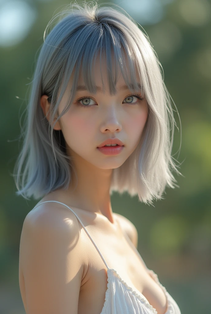 (RAW Photos, Highest quality, masterpiece: 1.2), (Realistic: 1.4), Best lighting, 20-year-old, (whole body, Detailed aspect, Detail Eyes, Light grey eyes, Light grey hair, Short straight bob cut, Symmetrical eyes :1.3), Large Breasts, Sexy body line, naked, Outdoor,whole bodyポーズ、Positive