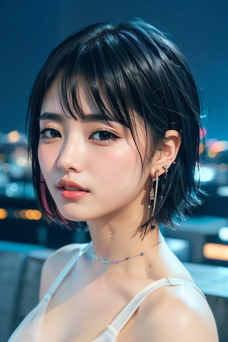 ((Rooftop of a building: 1,3)), ((Goth_punk, alone, Medium Shot, Walking the rooftops of Harajuku, ((night)), Blurry, Neon Light, Rainbow Eyes, Starry Sky, Shiny black hair, White eyebrows, Shiny Hair, (Rainbow black hair), Earring, good, jewelry, Blunt bangs, Busy eyes, Background Blurry, Blurry, hair ornaments, sight, short hair, Portraiture, Side Lock break ((Swedish girl, White skin, White)),((Women's work suits:1.3)), break (Gal: 1. 1),(Glamour: 1. 3),(night),(Supermodel: 1.3)),break ((earring, ring)), Cowboy Shot,((Tall people)),((Android)),((Look Up)),((Top Angle:1. 3)), From above, looking at the camera,((Event Companion)),((Thin see -through)) Tight-fitting underwear with straps))、Hip、Butt、bend、