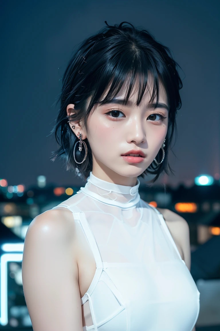 ((Rooftop of a building: 1,3)), ((Goth_punk, alone, Medium Shot, Walking the rooftops of Harajuku, ((night)), Blurry, Neon Light, Rainbow Eyes, Starry Sky, Shiny black hair, White eyebrows, Shiny Hair, (Rainbow black hair), Earring, good, jewelry, Blunt bangs, Busy eyes, Background Blurry, Blurry, hair ornaments, sight, short hair, Portraiture, Side Lock break ((Swedish girl, White skin, White)),((Women&#39;s work suits:1.3)), break (Gal: 1. 1),(Glamour: 1. 3),(night),(Supermodel: 1.3)),break ((earring, ring)), Cowboy Shot,((Tall people)),((Android)),((Look Up)),((Top Angle:1. 3)), From above, looking at the camera,((Event Companion)),((Thin see -through)) Tight-fitting underwear with straps))、Hip、Butt、bend、
