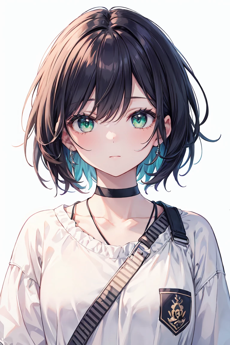 (masterpiece, best quality, ultra high quality:1.1), ((portrait)), 1girl, solo, young girl, blue short hair, wearing mordern casual clothes, simple white background, green eyes, facing viewer, looking at viewer, upper body, white background