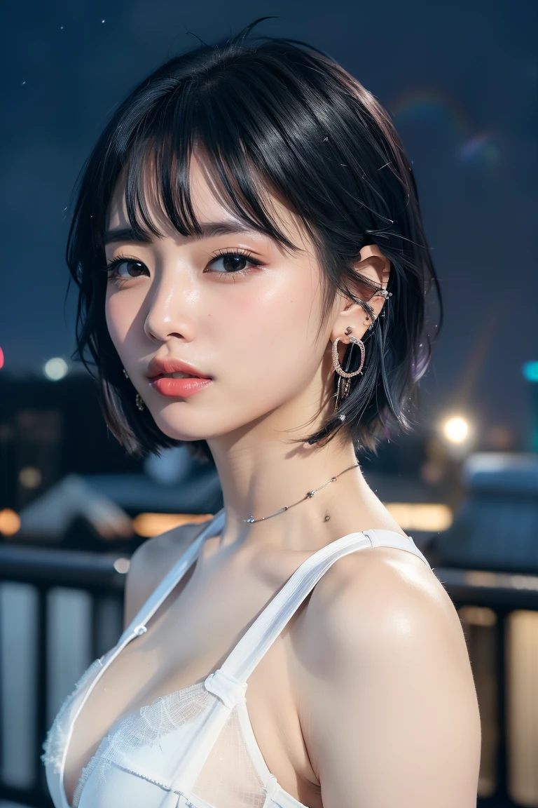 ((Rooftop of a building: 1,3)), ((Goth_punk, alone, Medium Shot, Walking the rooftops of Harajuku, ((ht)), Blurry, Neon Light, Rainbow Eyes, Starry Sky, Shiny black hair, White eyebrows, Shiny Hair, (Rainbow black hair), Earring, good, jewelry, Blunt bangs, Busy eyes, Background Blurry, Blurry, hair ornaments, sight, short hair, Portraiture, Side Lock break ((Swedish girl, White skin, White)),((Women's work suits:1.3)), break (Gal: 1. 1),(Glamour: 1. 3),(nig,(Supermodel: 1.3)),break ((earring, ring)), Cowboy Shot,((Tall people)),((Android)),((Look Up)),((Top Angle:1. 3)), From above, looking at the camera,((Event Companion)),((Thin see -through)) Tight-fitting underwear with straps))、Hip、Butt、b