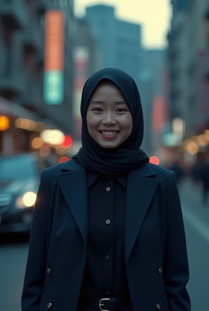 30 year old, Minami Saori, ( Dead Rank 1.3), wearing dark blue suit, wearing hijab scarf, polite girl, cinematic scene, masterpiece, 4k HD, 8k hd