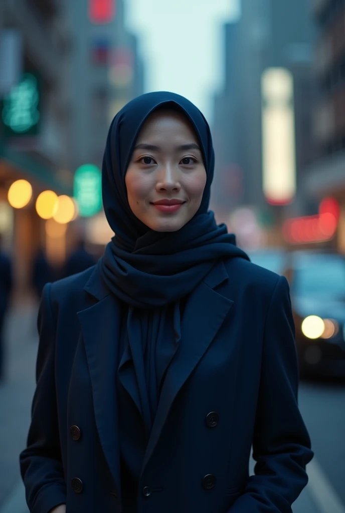 30 year old, Minami Saori, ( Dead Rank 1.3), wearing dark blue suit, wearing hijab scarf, polite girl, cinematic scene, masterpiece, 4k HD, 8k hd