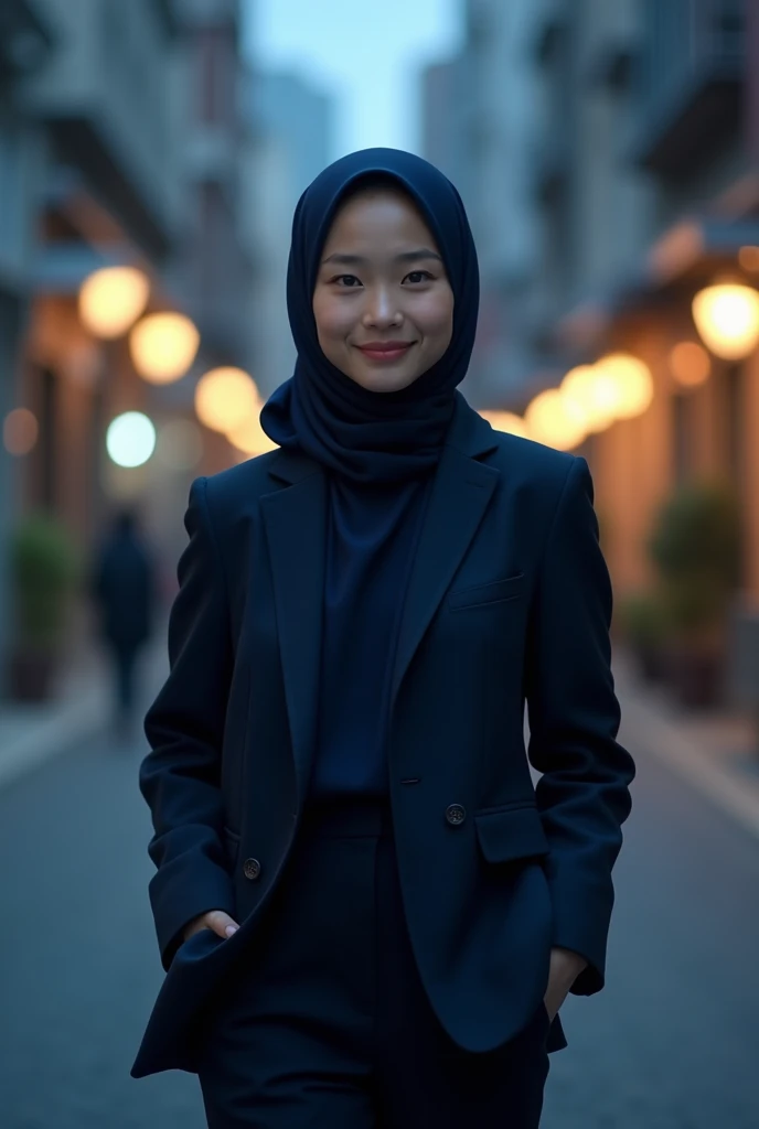 30 year old, Minami Saori, ( Dead Rank 1.3), wearing dark blue suit, wearing hijab scarf,  polite girl, cinematic scene, masterpiece, 4k HD, 8k hd
