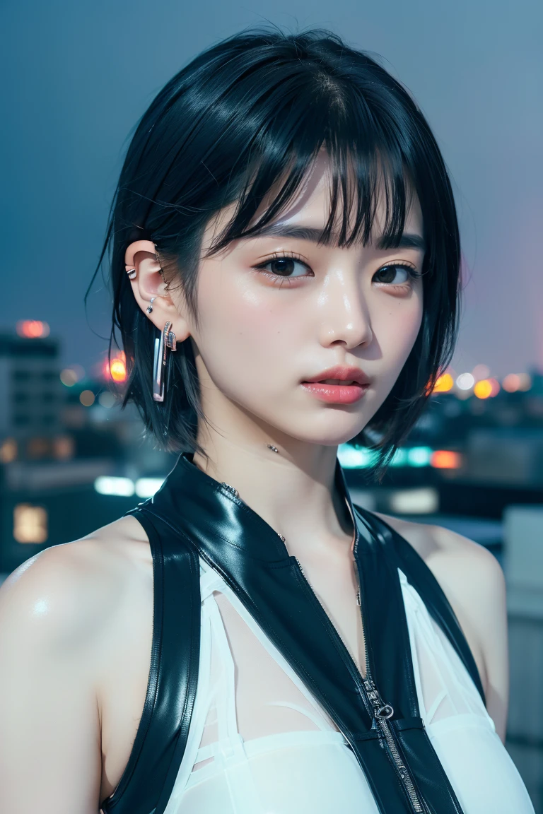 ((Rooftop of a building: 1,3)), ((Goth_punk, alone, Medium Shot, Walking the rooftops of Harajuku, ((night)), Blurry, Neon Light, Rainbow Eyes, Starry Sky, Shiny black hair, White eyebrows, Shiny Hair, (Rainbow black hair), Earring, good, jewelry, Blunt bangs, Busy eyes, Background Blurry, Blurry, hair ornaments, sight, short hair, Portraiture, Side Lock break ((Swedish girl, White skin, White)),((Women's work suits:1.3)), break (Gal: 1. 1),(Glamour: 1. 3),(night),(Supermodel: 1.3)),break ((earring, ring)), Cowboy Shot,((Tall people)),((Android)),((Look Up)),((Top Angle:1. 3)), From above, looking at the camera,((Event Companion)),((Thin see -through)) Tight-fitting underwear with straps))、Hip、Butt、bend、