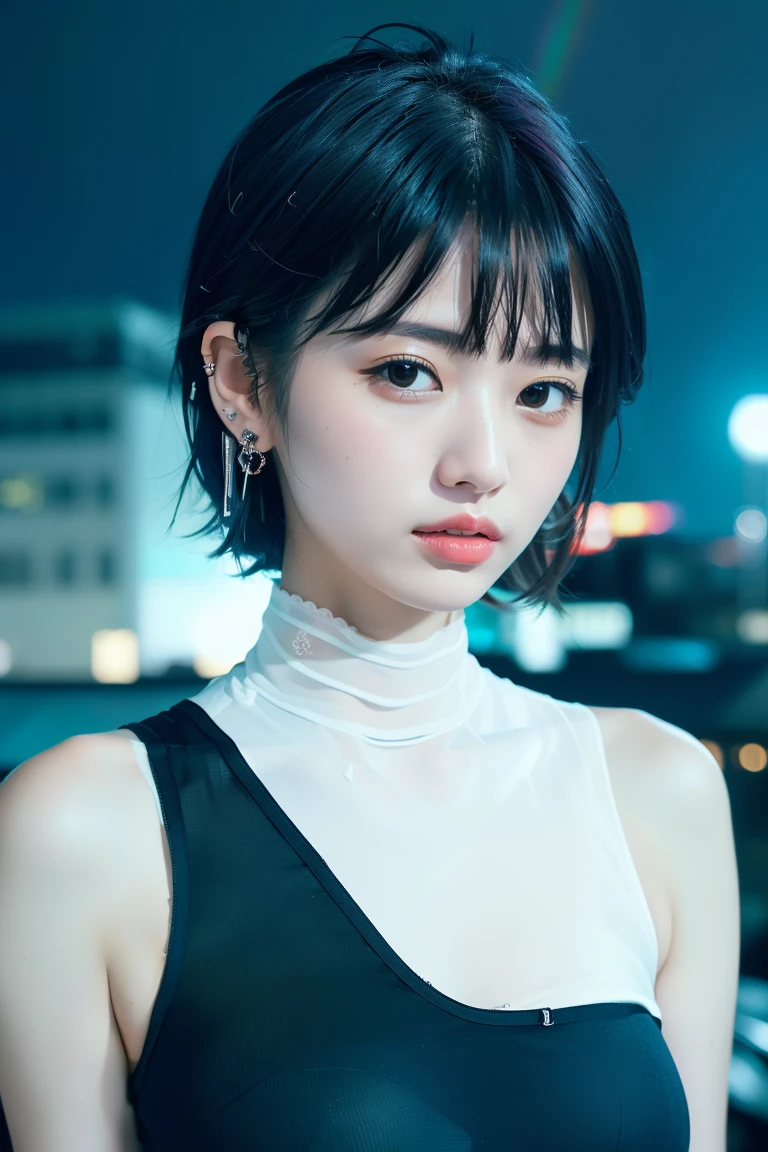 ((Rooftop of a building: 1,3)), ((Goth_punk, alone, Medium Shot, Walking the rooftops of Harajuku, ((night)), Blurry, Neon Light, Rainbow Eyes, Starry Sky, Shiny black hair, White eyebrows, Shiny Hair, (Rainbow black hair), Earring, good, jewelry, Blunt bangs, Busy eyes, Background Blurry, Blurry, hair ornaments, sight, short hair, Portraiture, Side Lock break ((Swedish girl, White skin, White)),((Women&#39;s work suits:1.3)), break (Gal: 1. 1),(Glamour: 1. 3),(night),(Supermodel: 1.3)),break ((earring, ring)), Cowboy Shot,((Tall people)),((Android)),((Look Up)),((Top Angle:1. 3)), From above, looking at the camera,((Event Companion)),((Thin see -through)) Tight-fitting underwear with straps))、Hip、Butt、bend、