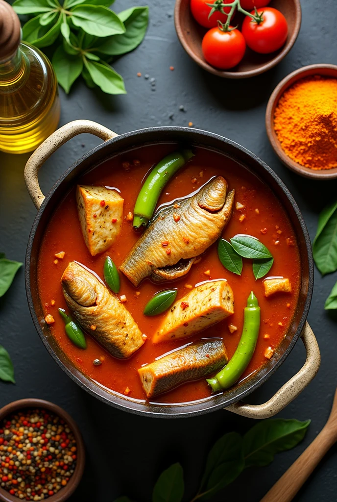 Top view of Fish head curry with ladies fingers,tomato and curry leaves in a pot, beside the pot has a cooking oil ,spices and laddle
