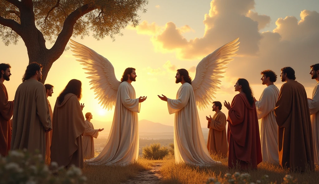 "Create a realistic scene on the Mount of Olives, where two angels, with ethereal and luminous wings, are talking to the twelve disciples of Jesus. The scenery should include ancient olive trees, under a soft sunset light that illuminates the faces of the disciples, portraying expressions of curiosity and reverence. Angels must be dressed in shining white robes, transmitting an aura of peace and wisdom. the disciples, varying in ages and ethnicities, must be in a position of attentive listening, reflecting the importance of the moment. The environment must be serene, with the sky featuring warm colors and soft clouds, capturing the spiritual essence of the encounter."