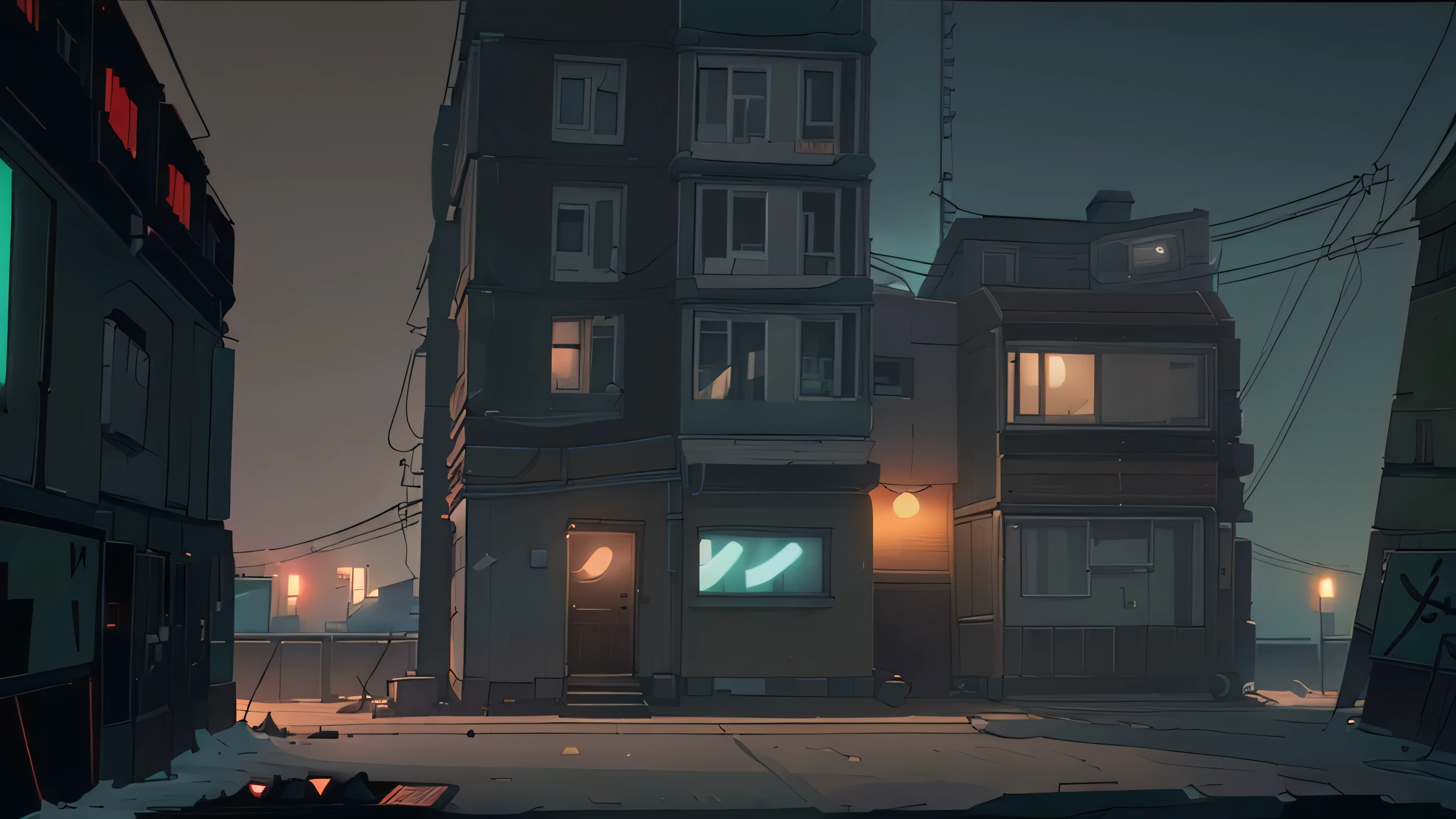 perfect anime illustration, low angle, russianebenya, old panel houses, long wide street, neon lights, cyberpunk, dark evening, movie still, 80mm lens, masterpiece, best quality, (film grain:1.1), ultra high res, RAW