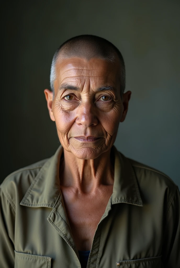 (Photorealism:1.2), a mature woman, facial wrinkles, impure skin, uniform top, 40 years old, portrait, buzzcut haircut, frontal, no facial expression, high resolution, 4K, UHD, high detail skin Texturen, no makeup, neutral background
