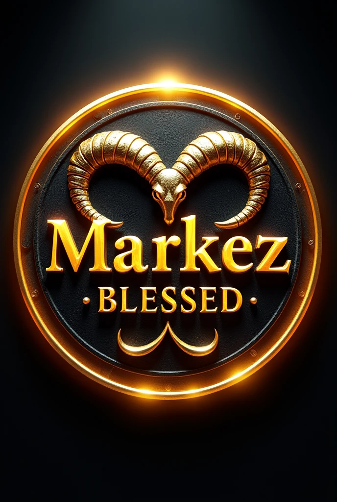 3D logo with name written "MARKEZ BLESSED" there is a picture of Capricorn behind the writing, round shape, emboss effect, stainless steel, artistic elegance, glowing efek.auto focus, warna logo kuning metalik, dark color background