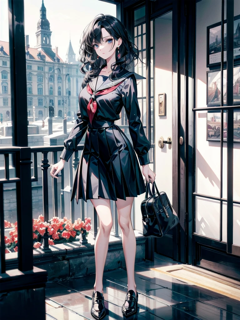 full body shot, absurdres, RAW photo, extremely delicate and beautiful, masterpiece, Best Quality, ultra high resolution, 32k, hyperrealistic, realistic, photorealistic, photo-realistic, ultra-detailed, Very detailed CG 8k wallpaper, detailed background, landscape, Beautiful Lighting, Perfect Lightning, Realistic Shadows, perfect anatomy, anatomically correct, ideal ratio body proportions, perfect figure, Perfect Style, Perfect balance, super Detailed skin, in her 30s, very Slim body, narrow waist, very small head, very small face, delicate facial features, handsome detailed woman, very detailed eyes and face, realistic face proportions, Realistic beautiful face, Realistic beautiful eyes, tearful mole, earring, (very huge round tits), medium hair, asymmetrical hair, wavy hair, (school uniform), dress shirt,