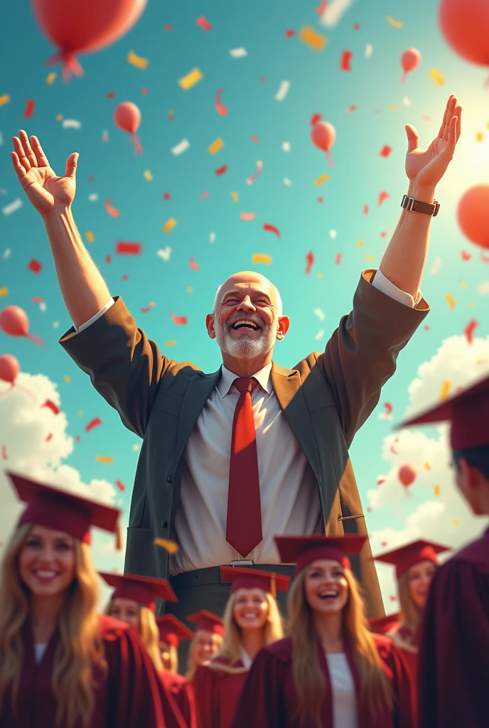 I need a digital art image
Which is fictional
There is a teacher who is so happy with his students on there graduation and in the image the sir should be larger than life size and the students should be placed with in the hands arch of the teacher the teacher is baled head and the students face should be facing towards us