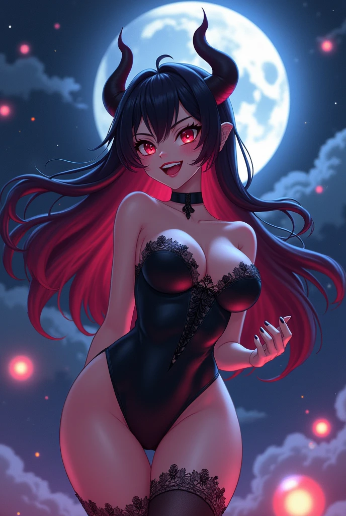 supermodel as succubus, Anime style girl Demon, Legs long, athletic legs, shapely body, busty, teardrop , antlers, long hair, film screenshot , work of art, charachter, penetration from behind, 1 girl, 1, gorgeous eyes, detailedeyes, ssmile, beautiful  face, (greeneyes:1.2), Beautiful night sky background, calm moonlight glow