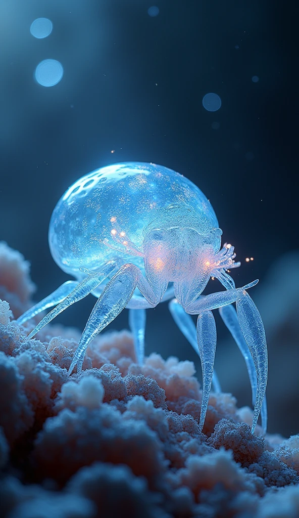 Imagine a species of spider-like creatures that inhabit the crystalline caves of a distant moon. These Crystal Weavers are small but highly intelligent, with bodies made entirely of living crystal. Each Weaver has eight long, slender legs that end in delicate, claw-like appendages, perfect for climbing and weaving intricate webs made of shimmering, silken threads. The threads themselves are composed of a unique crystalline substance that can refract and channel light, creating stunning displays of color and patterns within the caves. The Weavers use these webs not only to catch their prey—small, glowing insects that thrive in the caves—but also to communicate with one another through complex vibrations. The webs are also believed to be a form of art, with each Weaver's web unique in design, reflecting their individual personalities and emotions.