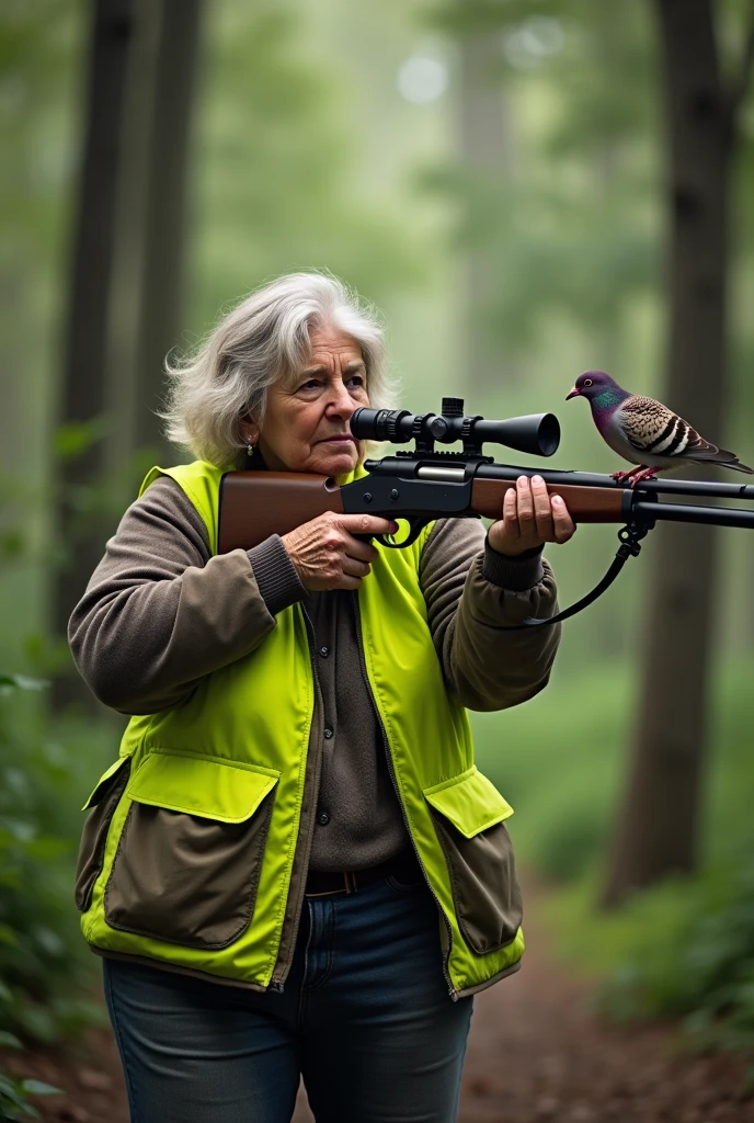 woman, 50 years old, 1 meter 60, hunter, fluorescent vest, drill, rifle aiming, close-up, pigeon mocking behind.