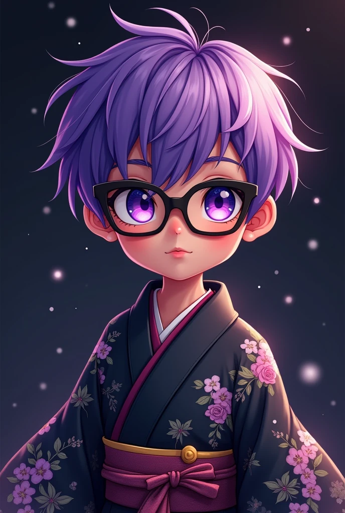 Cute Sticker boy short purple hair glasses black kimono straight hair dark background brown skin mature face purple eyes