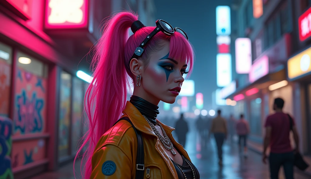 "Create a 4K, ultra-realistic digital image that could serve as a background for a GTA-style loading screen. The scene should feature a highly detailed female character with a pink ponytail, wearing clown makeup. The overall aesthetic should blend the gritty, urban atmosphere of GTA with modern digital marketing elements. The background should be dynamic and visually engaging, capturing the viewer's attention with a mix of realism and surrealism. Incorporate subtle digital marketing motifs or symbols that resonate with a modern, tech-savvy audience, ensuring the image feels immersive and relevant."