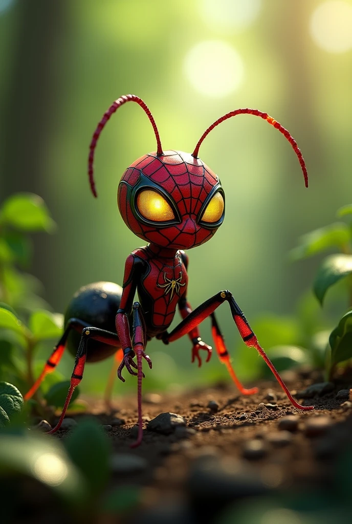 Ultra realistic 3D animated image of an ant wearing a complete Spiderman costume according to the original colors, red black, gold yellow, Spiderman head, glowing eyes, shady forest background, image focused on the object