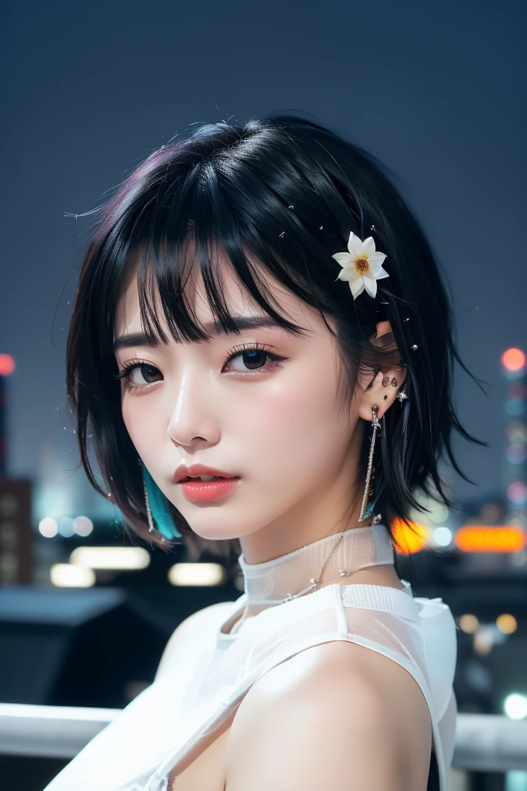 ((Rooftop of a building: 1,3)), ((Goth_punk, alone, Medium Shot, Walking the rooftops of Harajuku, ((night)), Blurry, Neon Light, Rainbow Eyes, Starry Sky, Shiny black hair, White eyebrows, Shiny Hair, (Rainbow black hair), Earring, good, jewelry, Blunt bangs, Busy eyes, Background Blurry, Blurry, hair ornaments, sight, short hair, Portraiture, Side Lock break ((Swedish girl, White skin, White)),((Women's work suits:1.3)), break (Gal: 1. 1),(Glamour: 1. 3),(night),(Supermodel: 1.3)),break ((earring, ring)), Cowboy Shot,((Tall people)),((Android)),((Look Up)),((Top Angle:1. 3)), From above, looking at the camera,((Event Companion)),((Thin see -through)) Tight-fitting underwear with straps))、Hip、Butt、bend、