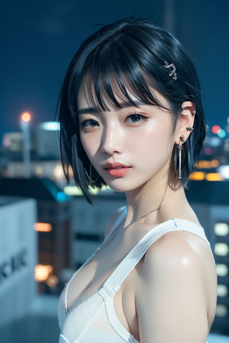 ((Rooftop of a building: 1,3)), ((Goth_punk, alone, Medium Shot, Walking the rooftops of Harajuku, ((night)), Blurry, Neon Light, Rainbow Eyes, Starry Sky, Shiny black hair, White eyebrows, Shiny Hair, (Rainbow black hair), Earring, good, jewelry, Blunt bangs, Busy eyes, Background Blurry, Blurry, hair ornaments, sight, short hair, Portraiture, Side Lock break ((Swedish girl, White skin, White)),((Women&#39;s work suits:1.3)), break (Gal: 1. 1),(Glamour: 1. 3),(night),(Supermodel: 1.3)),break ((earring, ring)), Cowboy Shot,((Tall people)),((Android)),((Look Up)),((Top Angle:1. 3)), From above, looking at the camera,((Event Companion)),((Thin see -through)) Tight-fitting underwear with straps))、Hip、Butt、bend、