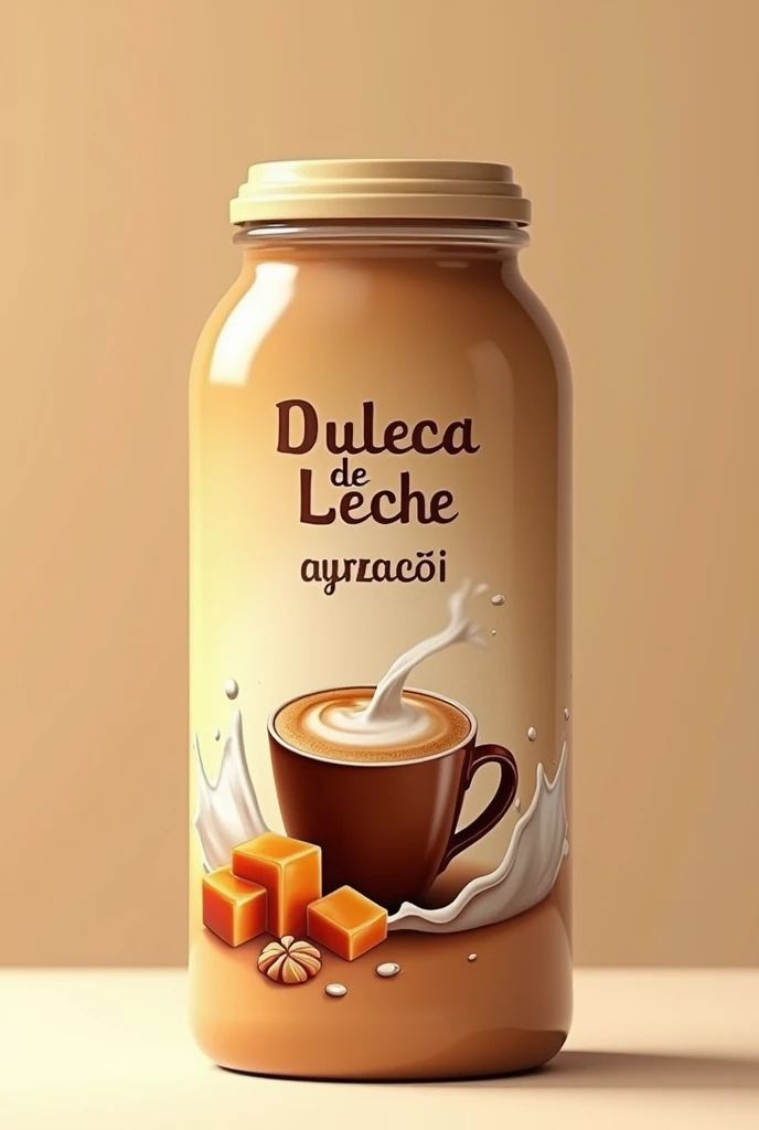 Create an image of a 200g jar packaging for dulce de leche flavored cappuccino. Packaging must be attractive and modern, with tones reminiscent of dulce de leche, like light brown and caramel. on the label, include a realistic illustration of pieces of dulce de leche falling gently next to a cup that simulates the creamy dulce de leche cappuccino, with subtle steam rising from the cup to convey the sensation of a hot, tasty drink. Details such as milk splashes and a texture reminiscent of dulce de leche can be added to give an authentic touch to the packaging.. Brand and nutritional information must be present, but the main focus should be the cup and the pieces of dulce de leche that highlight the flavor of the product.