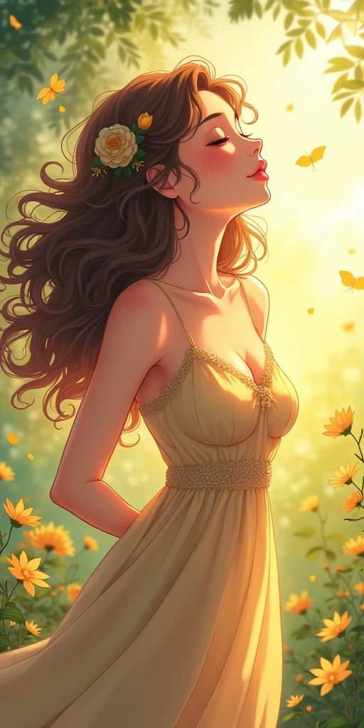 (best quality, ultra-detailed, photorealistic: 1.39), bright and vibrant colors, studio lighting, romantic expression, Create an image of a cute girl with cuteness and innocent with full of body figure having good boobs and curly hairs ,giving a flying kiss and big a beautiful pose demonstrating the your love for nature, anime style