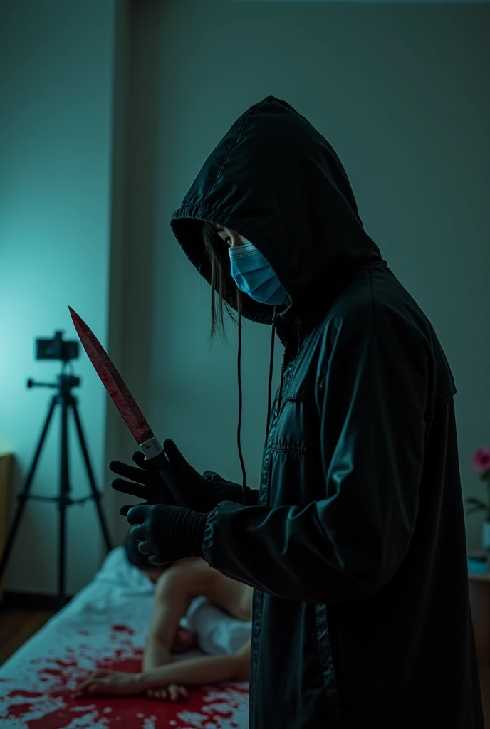 korean girl, (behind stiff, holding knife), surgical mask, black leather gloves, room, black raincoat, hood up, holding knife, leather gloves, woman on top, behind cadaver, blood splatter, bed room, night, mass murderer, killer, short hair, blood splatter, dark atmosphere, cinematic lighting, atmospheric realistic, neon lighting, close-up, tripod and camera in the back, shooting with camera
