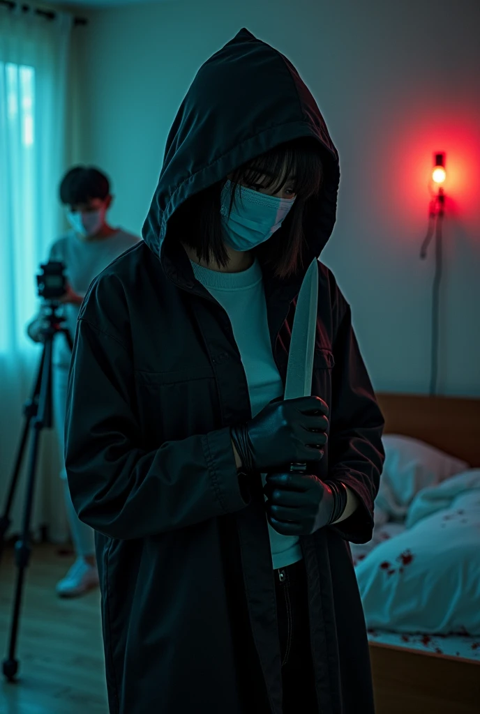 korean girl, (behind stiff, holding knife), surgical mask, black leather gloves, room, black raincoat, hood up, holding knife, leather gloves, woman on top, behind cadaver, blood splatter, bed room, night, mass murderer, killer, short hair, blood splatter, dark atmosphere, cinematic lighting, atmospheric realistic, neon lighting, close-up, tripod and camera in the back, shooting with camera