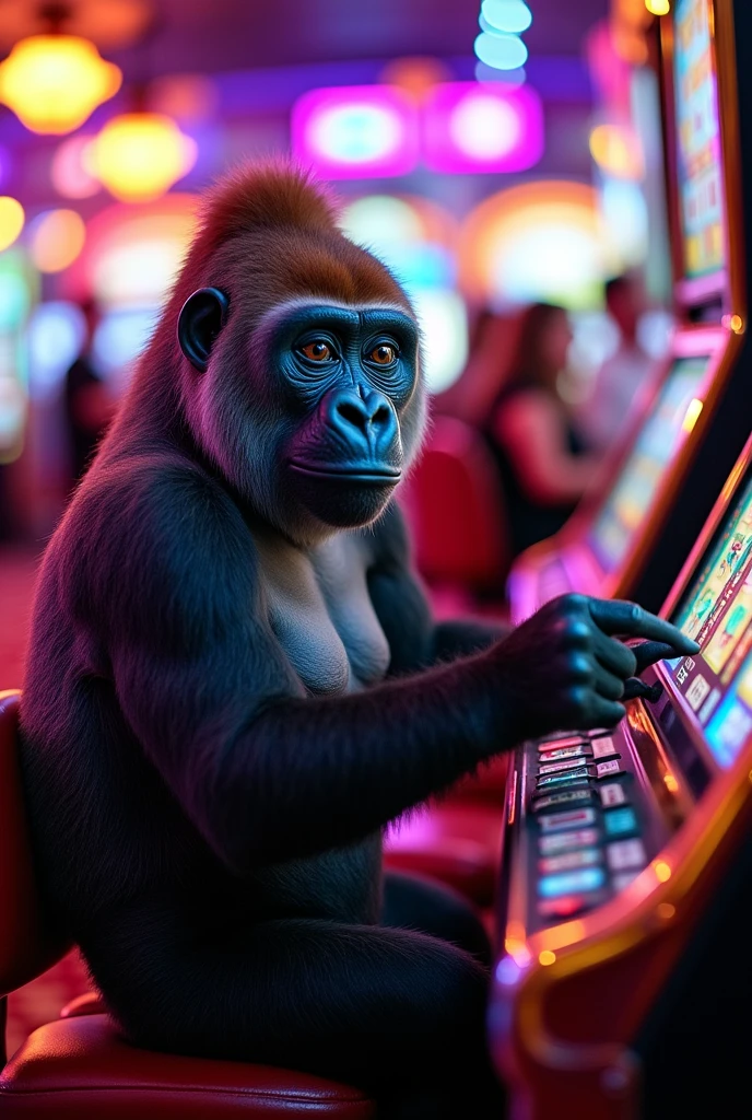 Gorilla playing roulette in a tuxedo、Shot from an angle