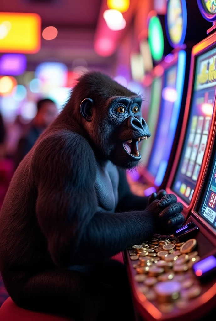 Female gorilla playing slots