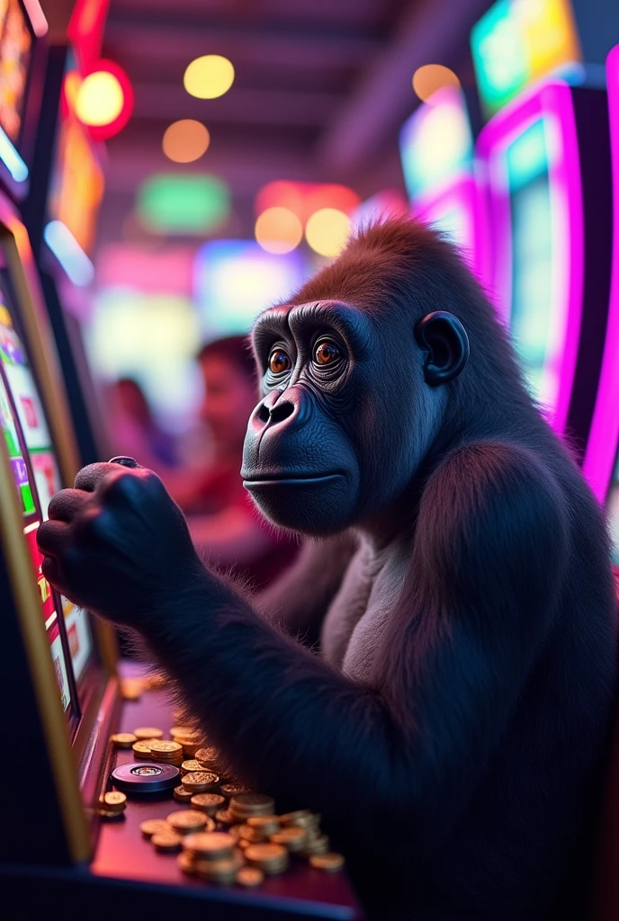 Female gorilla playing slots