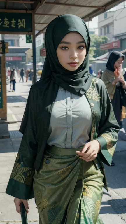 ((Best quality, 8k, Masterpiece :1.3)), Sharp focus :1.2,     ((asian model with green hijab)),   ((anatomy perpect)), ((natural big breasts)),    Highly detailed face and skin texture,    Fine eyes,     Double eyelids,    Make-up face.    lipstick.     (((hijabi))).
((Green Batik Batik long skirt)).   ((button-up batik kebaya)).  long legs_full body.     walking in a traditional market