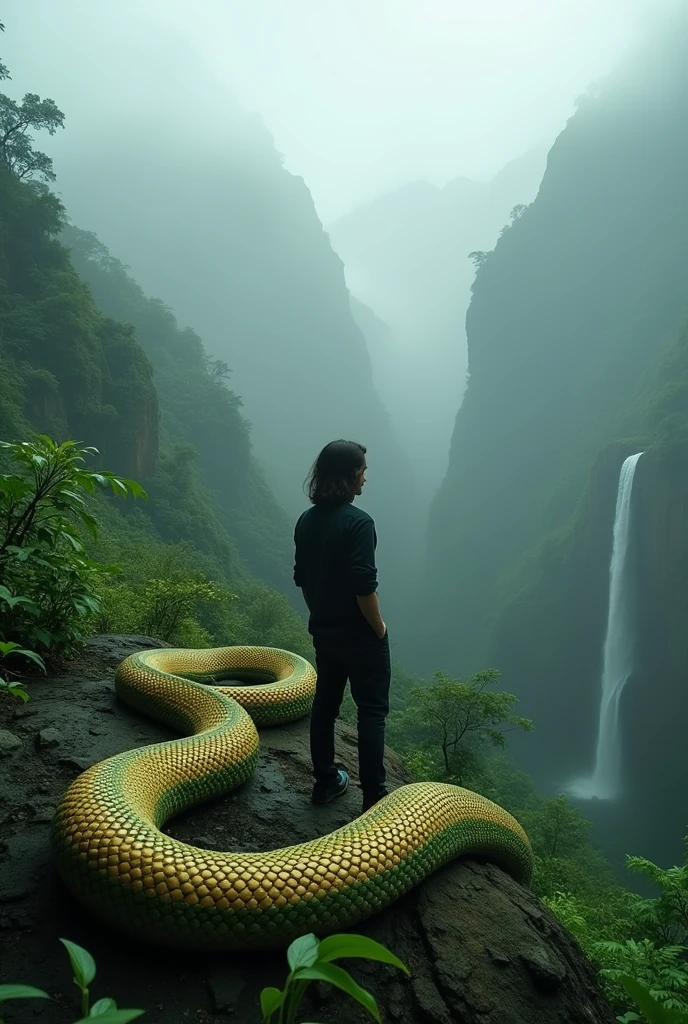 heirloom snake of the northern mountains of Java with the silhouette of a man with shoulder-length hair from afar