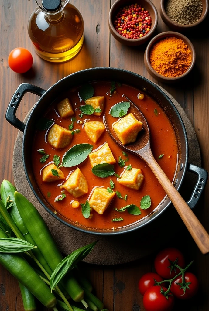 Top view of Fish head curry with ladies fingers,tomato and curry leaves in a pot, beside the pot has a cooking oil ,spices and laddle