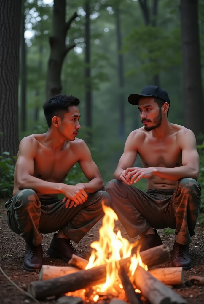 2 muscular Asian man model dress in camouflage pants no shirts sitting  around a campfire with his father in the woods 
