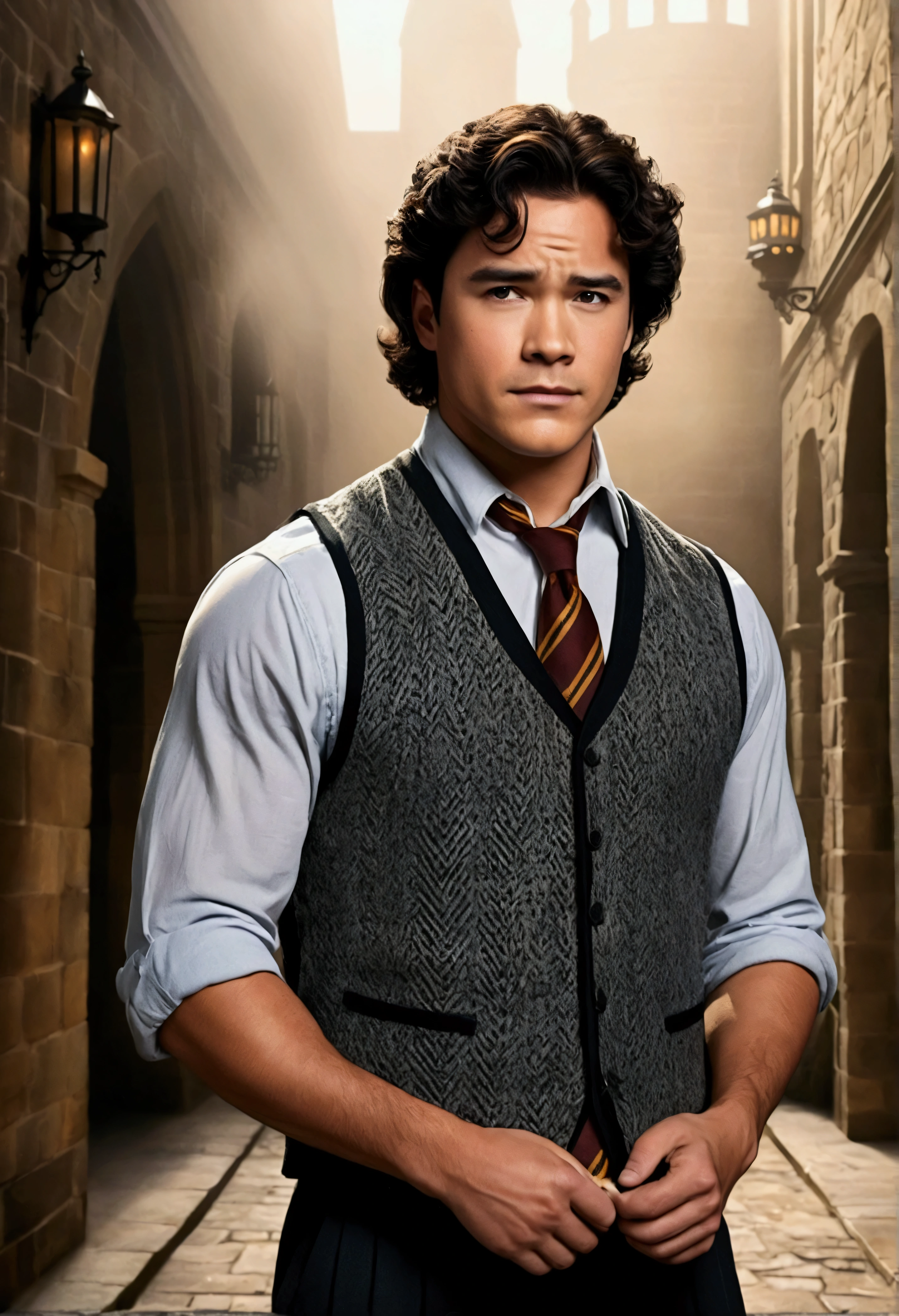 An illustrated movie poster, hand-drawn, full color, a Hogwarts Professor, 21 years old, male, brown eyes, brown-black hair, voluminous curly mane, suntan complexion, medium height, broad shoulders, stocky frame, muscular, rugged scruffy appearance, lots of body hair, resembles Dean Cain, wearing a tweed vest and slacks, standing in a Hogwarts courtyard on a foggy morning, hard shadows, graphite shading, stencil marks, airbrushed acrylic paint, masterpiece, in the style of the Deathly Hallows