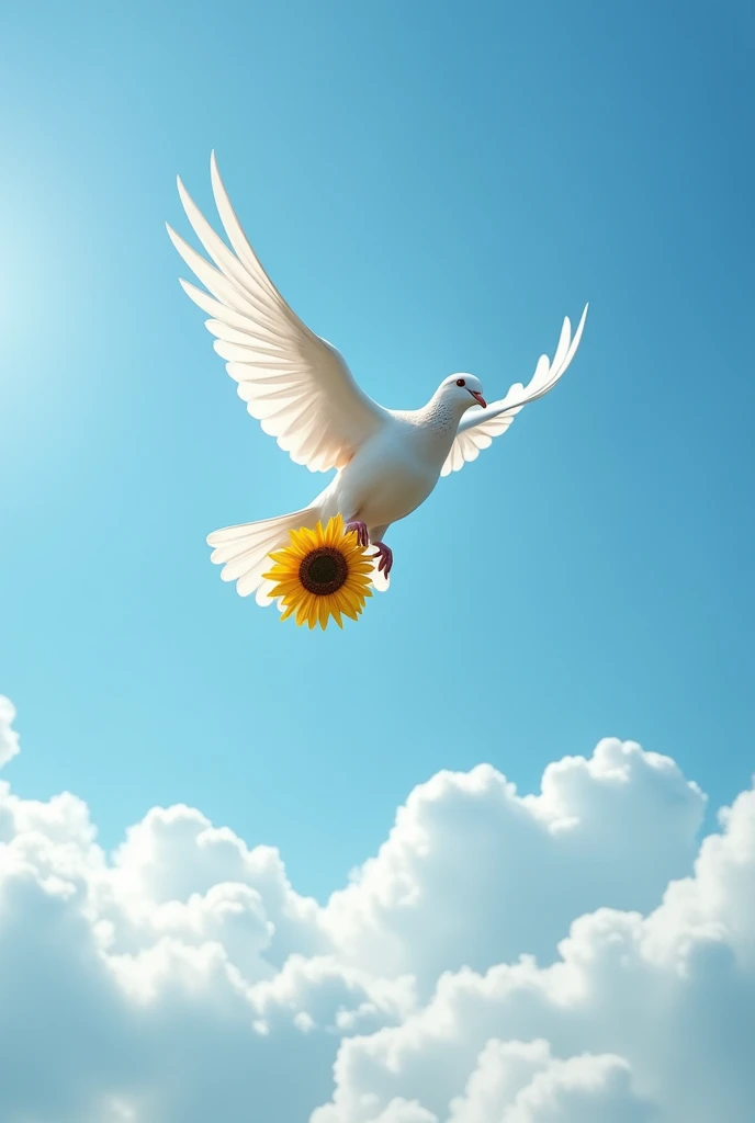 A dove carrying sunflower flying in sky with clouds