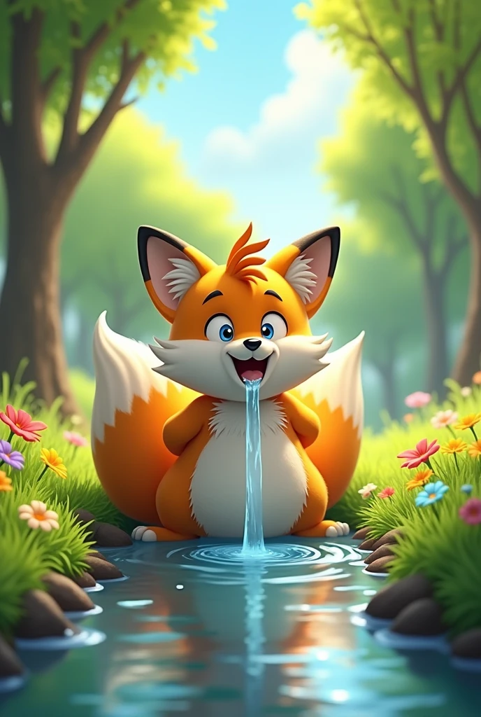 tails swallows water and has a big belly