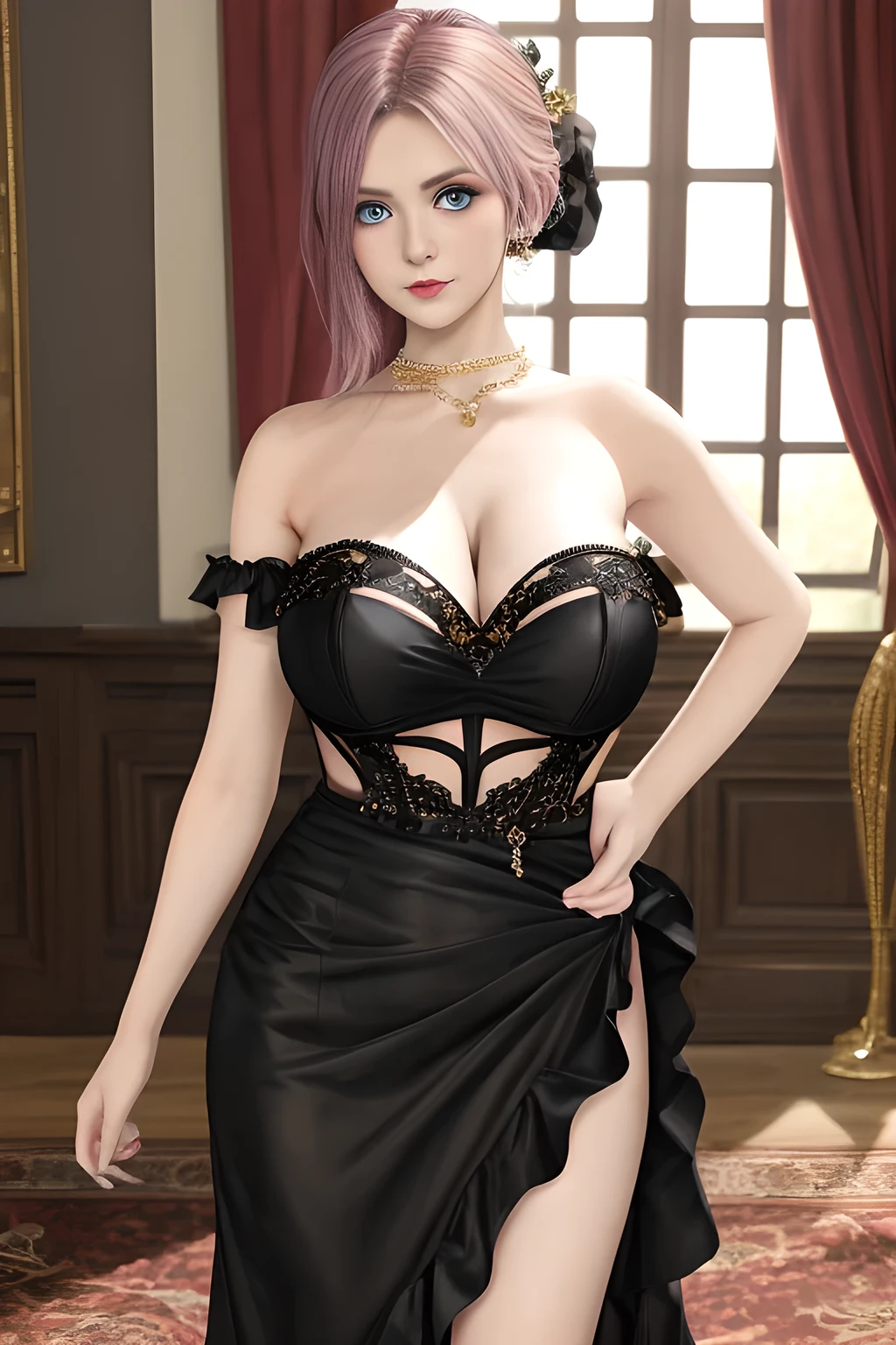 1girl ,flirtatious expression, wearing an elegant black strapless dress. The perspective-dress is beautifully designed with ruching on the bodice and a cascading ruffled asymmetrical hem, adding a playful and chic touch to the outfit. The person is standing upright, with one hand gently touching their leg and the other hand relaxed by their side. The background is plain and neutral, drawing attention to the dress itself. The lighting is soft, highlighting the details of the dress and creating a fashionable and stylish atmosphere,, huge breasts, elise