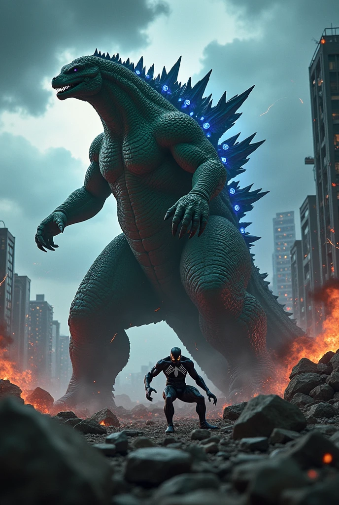 "Godzilla crushes Venom with his feet."