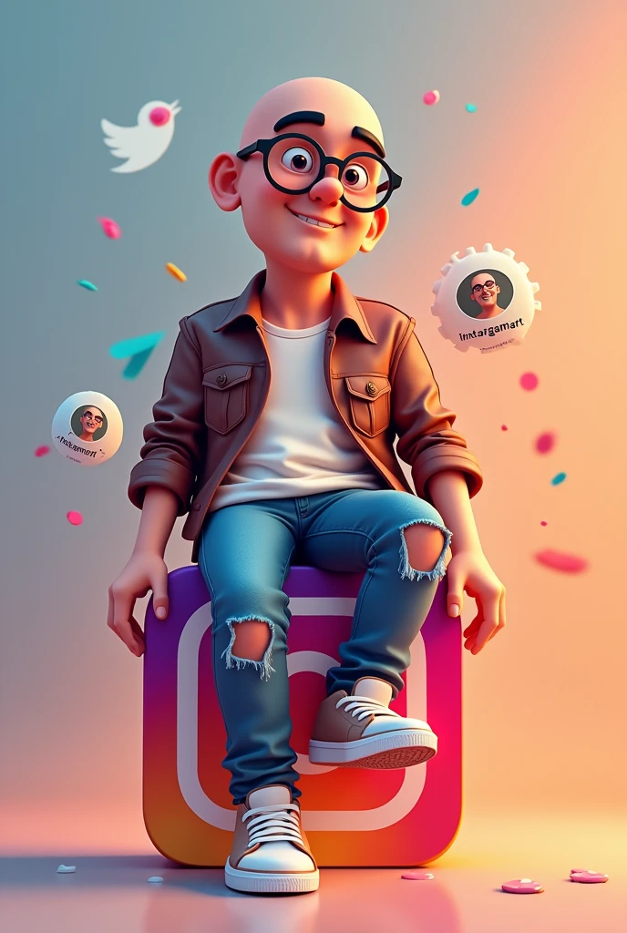 " Create a 3D illustration of an animated character, a bald man with glasses sitting casually on top of social media logo " instagramart". The character should wear modern casual clothes, Clara wears jeans, jaket, tennis.. The background of the image is a social media profile page with username "NN Graphic Design" and a profile picture that matches the animated character. "
