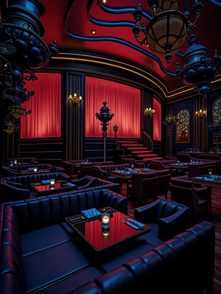 there is a room with tables and chairs, detailed an empty jazz cafe, ballroom background, random background scene, neo - noir setting, red room, nightclub, stage background, vip room, rich atmosphere, theatrical scenery, theater stage, empty stage, palatial scene, fancy restaurant, rich cinematic atmosphere, va-11 hall-a