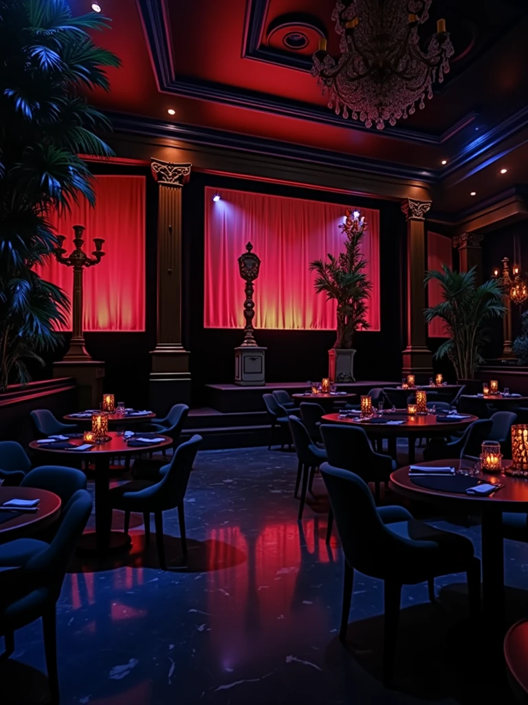 there is a room with tables and chairs, detailed an empty jazz cafe, ballroom background, random background scene, neo - noir setting, red room, nightclub, stage background, vip room, rich atmosphere, theatrical scenery, theater stage, empty stage, palatial scene, fancy restaurant, rich cinematic atmosphere, va-11 hall-a