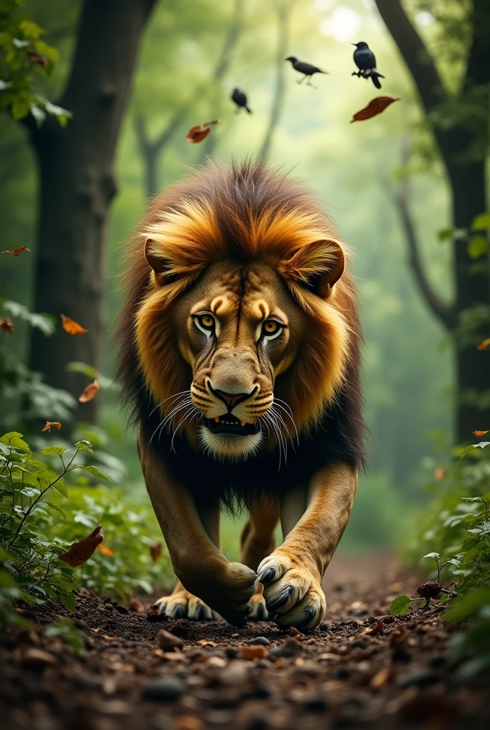 Image of the Lion Trapped in the Hunter's Trap:The lion struggling in a hunter’s trap, looking distressed and trapped, with the forest in the background.